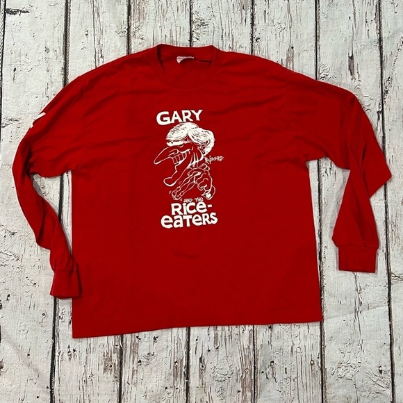 Vintage 1980s Gary Rice Eaters Volleyball Red Long Sleece Crewneck Tee Tshirt - Picture 1 of 4